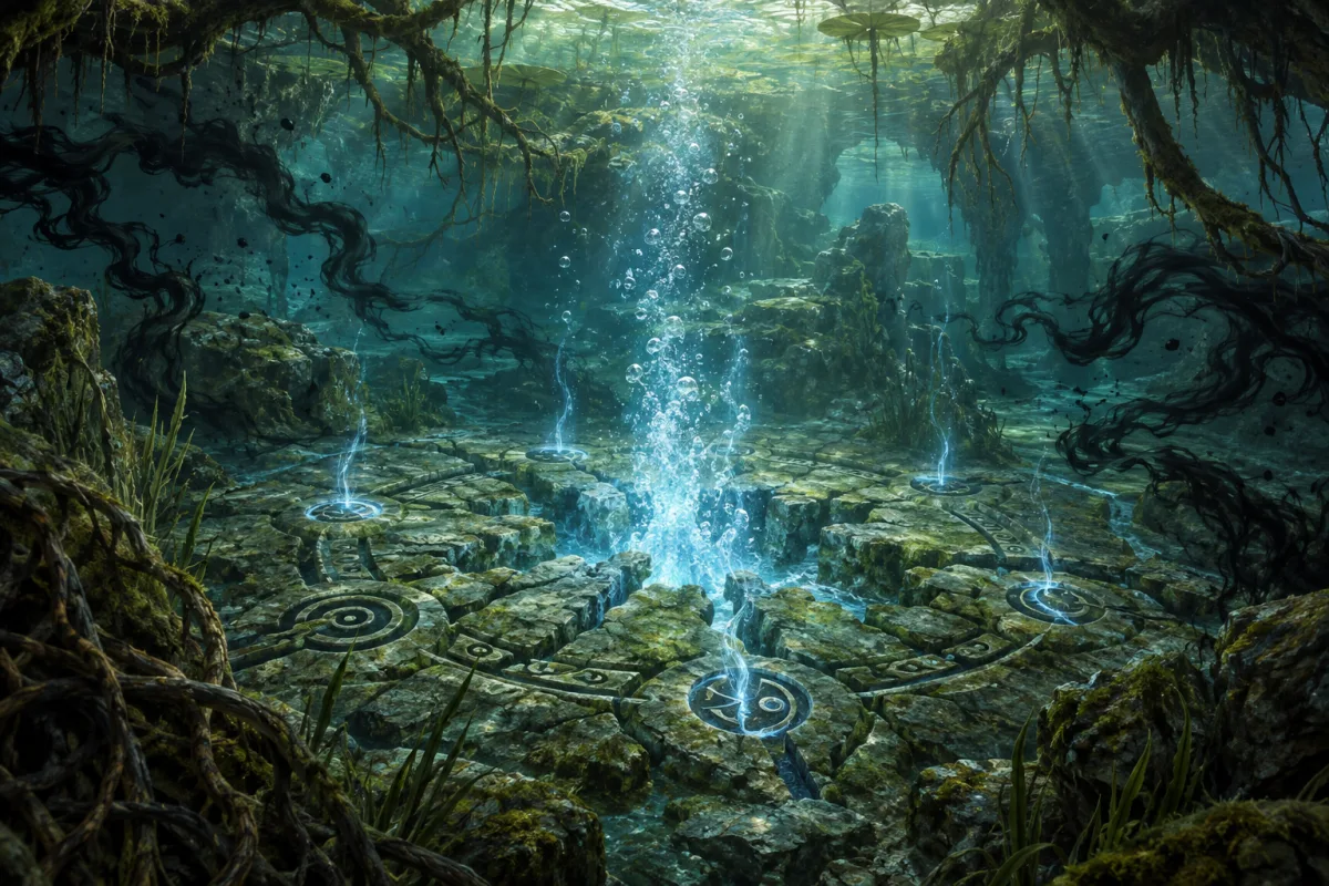 A submerged spring surrounded by glowing runes and dark tendrils beneath Sedgemoor.