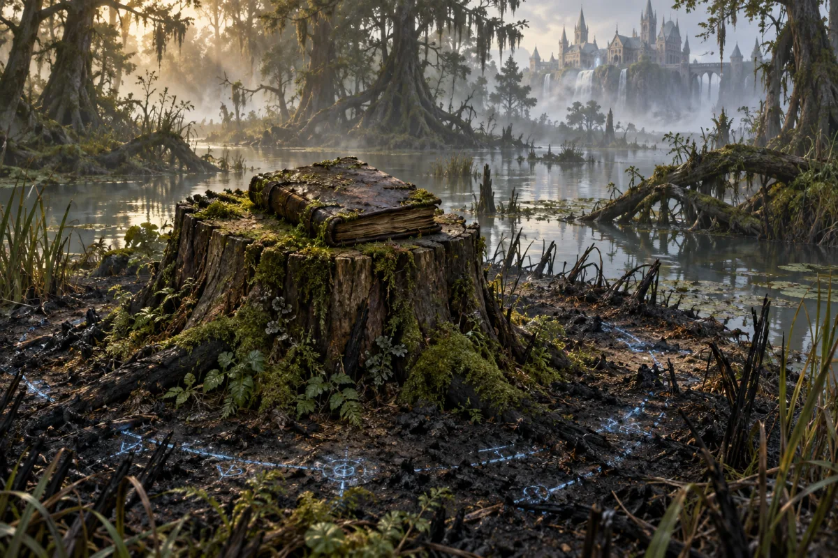 A weathered journal on a tree stump in a misty swamp, surrounded by fading runes.