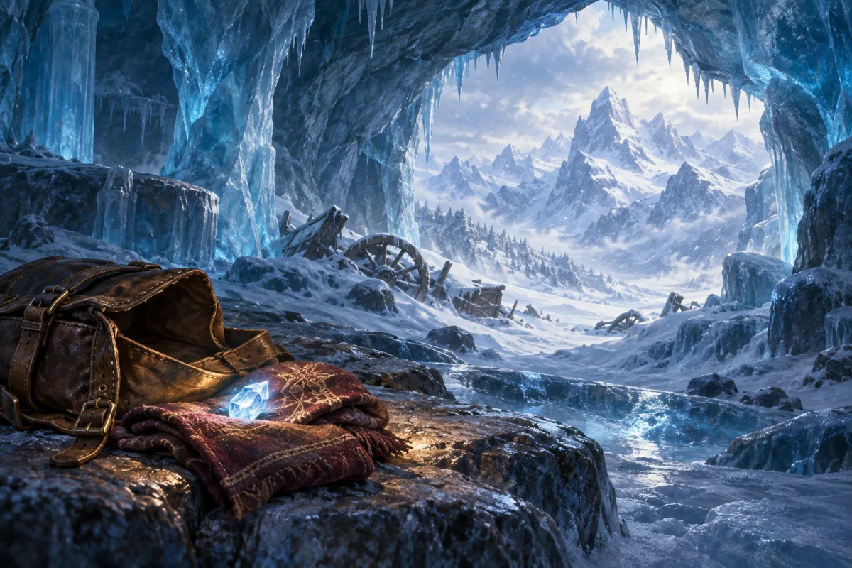 A glowing crystal shard and travel satchel inside a blue ice cave overlooking snowy mountains.