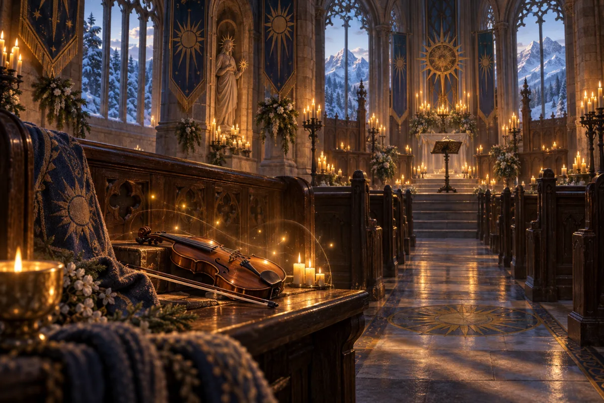 A violin in a candlelit church with magical firefly lights and snowy mountains outside.