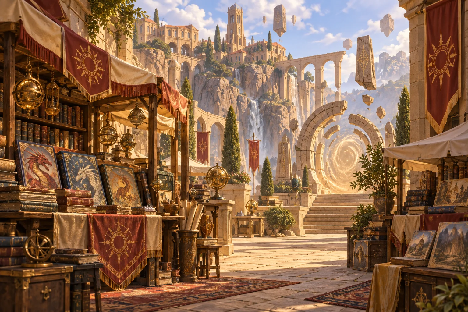 Sunlit magical campus market with books and floating stones