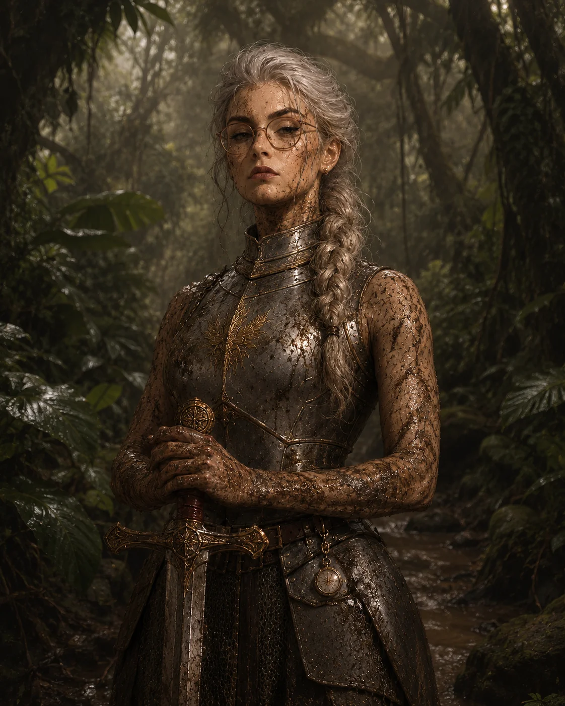 Silver-haired adventurer wearing glasses in the jungle