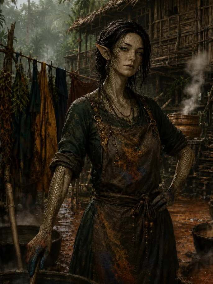 Scaled woman in a jungle village