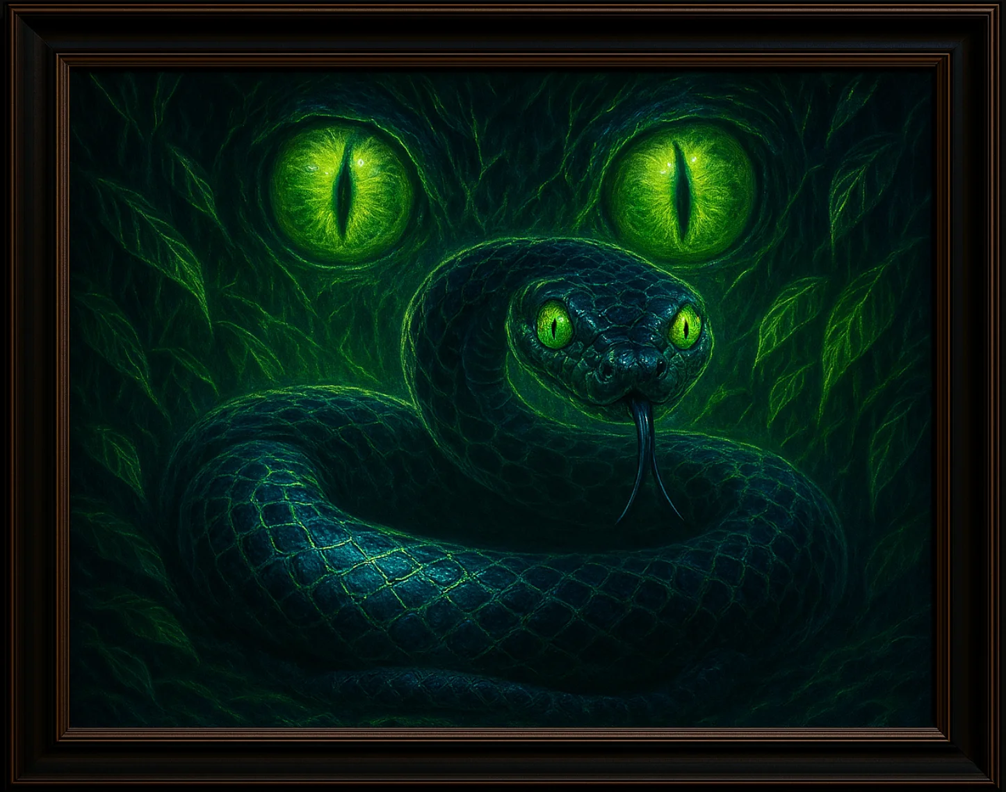 Framed magical portrait of a green serpent