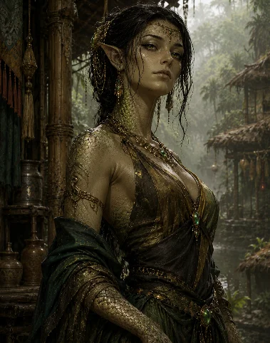 Scaled woman wearing ceremonial clothing