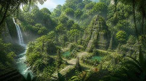 Ancient jungle temple beside a waterfall