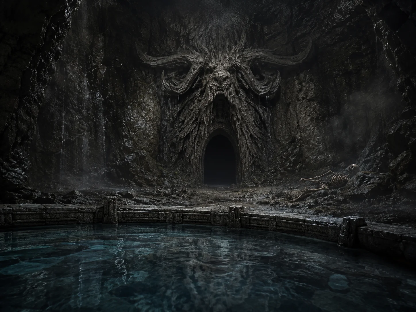 Dark cavern with a carved entrance, skeleton and pool