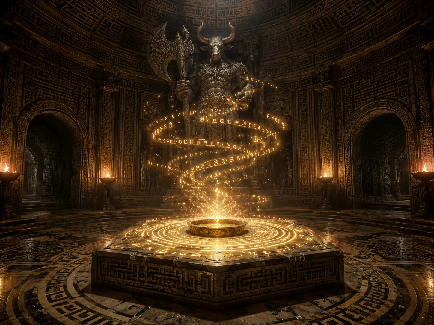 Horned statue and glowing runes inside a maze temple