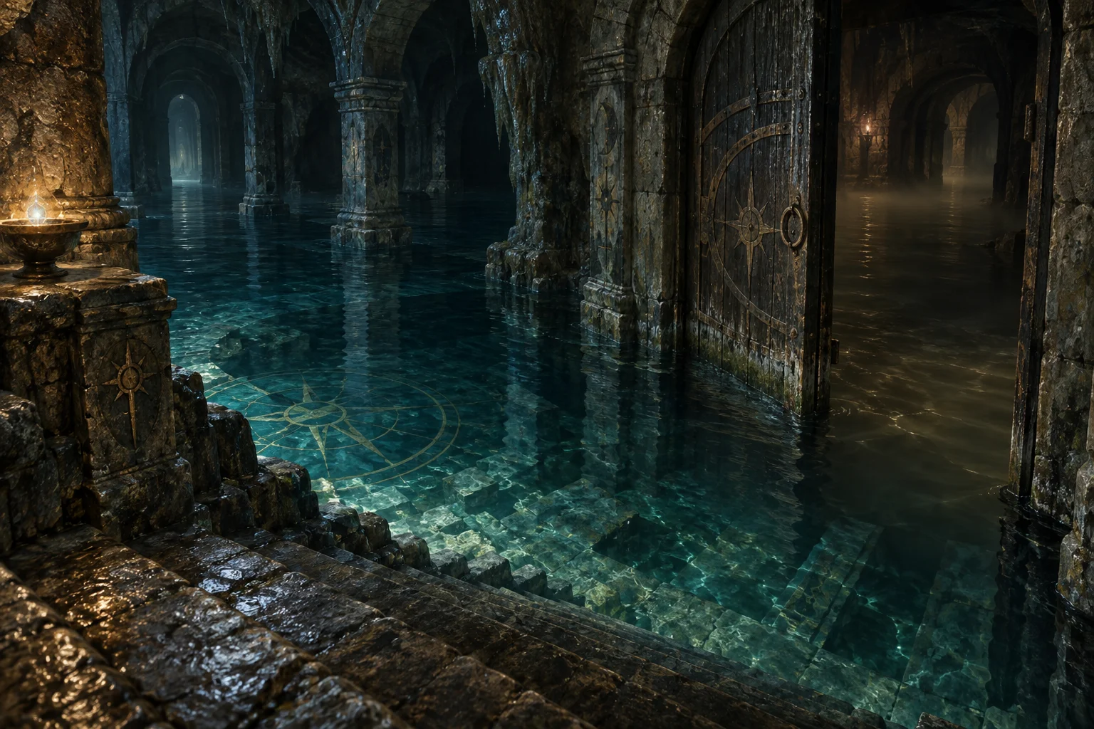 Stone steps and a weathered wooden door in an ancient flooded temple